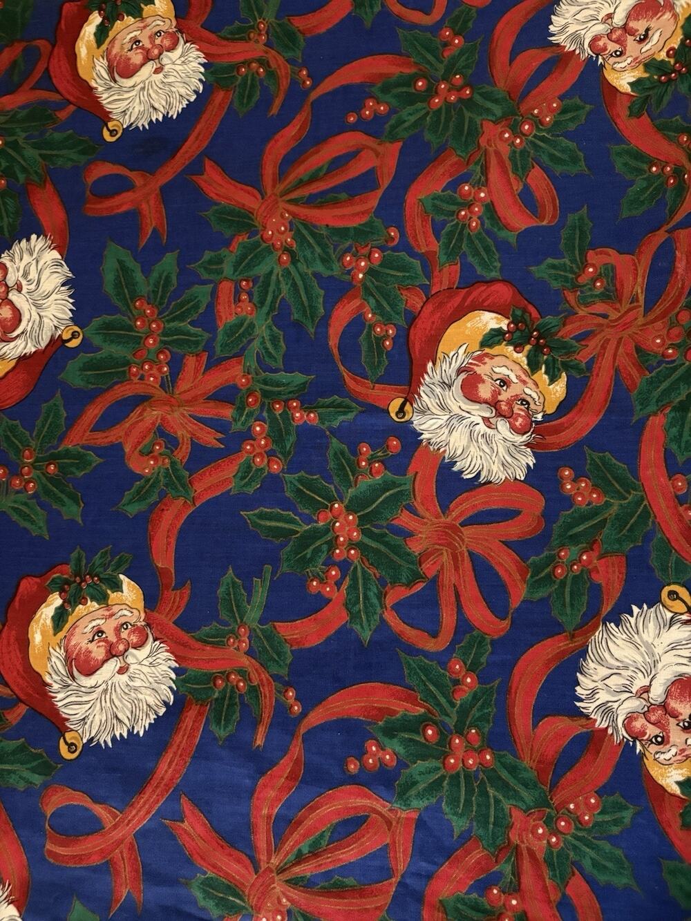 Vintage Tablecloth Christmas Holiday Santa Claus Cotton Fabric 51x90” Rectangle